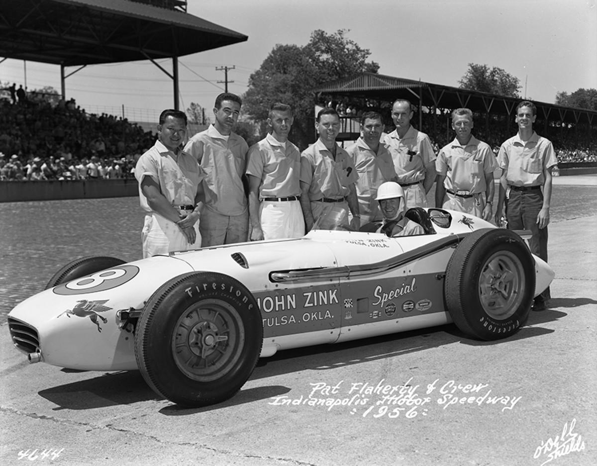 1956 Indy 500 winner Pat Flaherty and his crew post after winning the big race. Photo courtesy Indianapolis Motor Speedway archives. 