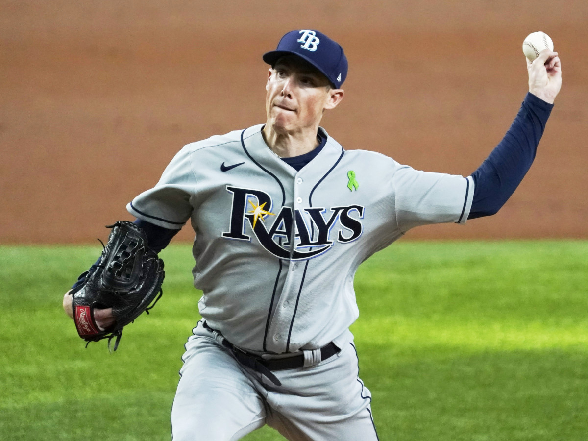 May 31, 2022; Arlington, Texas, USA; Tampa Bay Rays starting pitcher Ryan Yarbrough (48) throws to the plate against the Texas Rangers during the first inning at Globe Life Field.