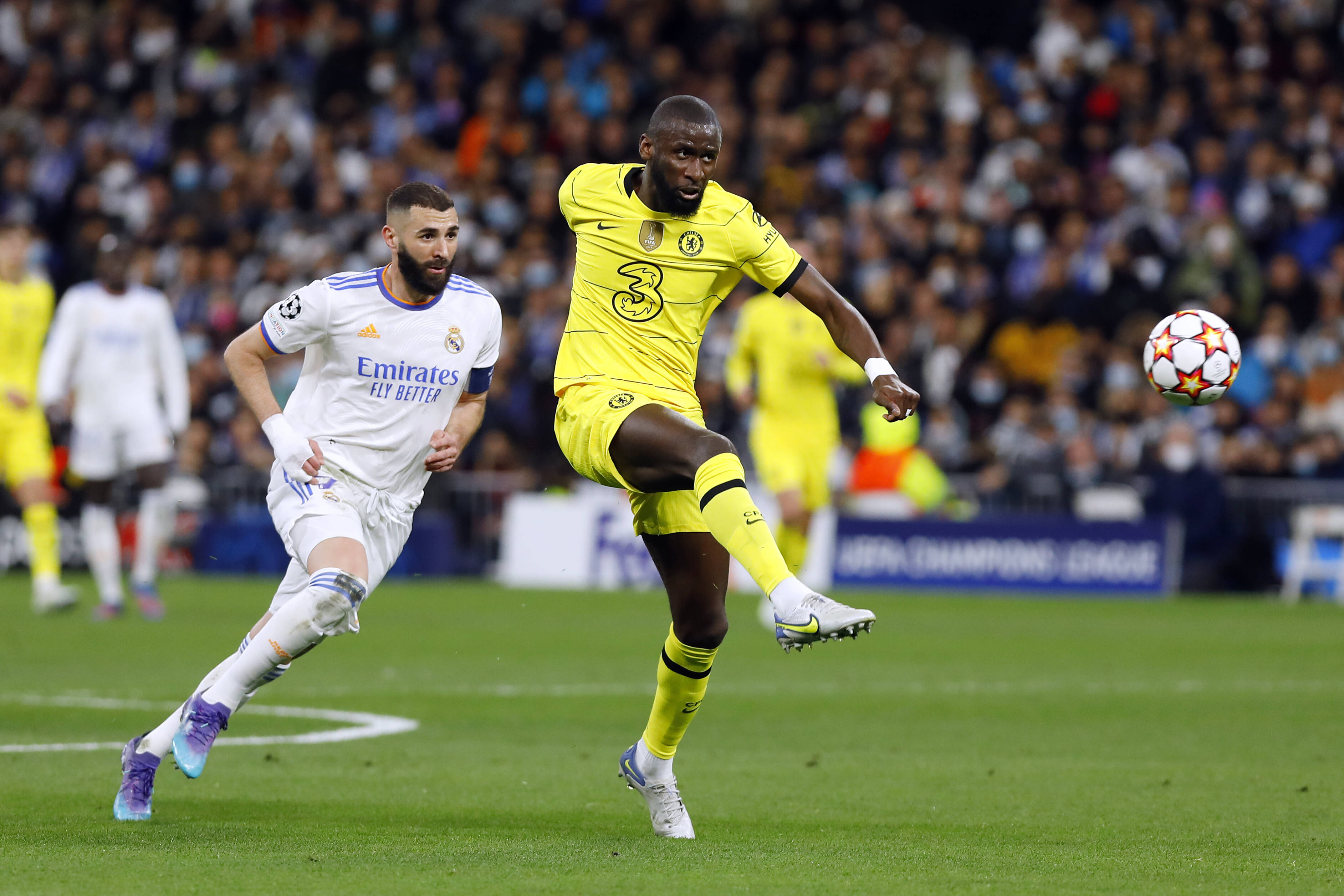 Antonio Rudiger (center) pictured in action for Chelsea against Real Madrid in April 2022