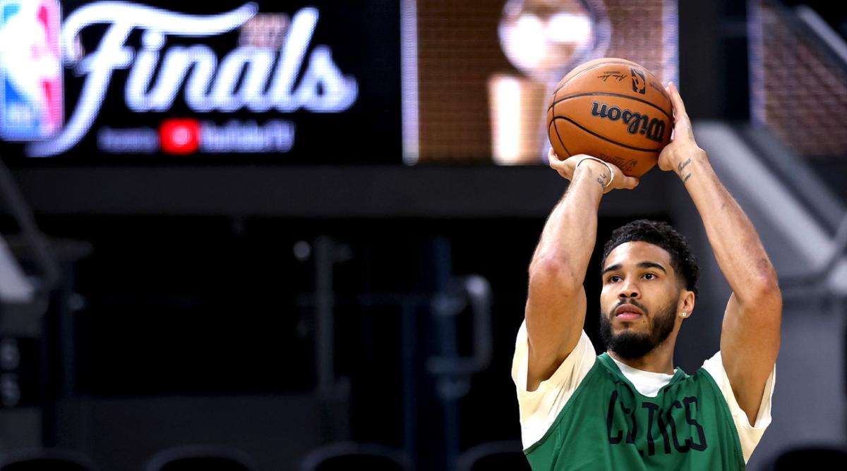 Boston Celtics forward Jayson Tatum shoots during NBA basketball practice in San Francisco, Wednesday, June 1, 2022. The Warriors are scheduled to host the Boston Celtics in Game 1 of the NBA Finals on Thursday
