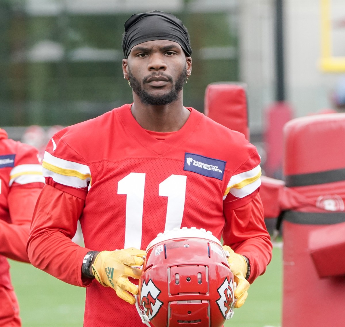 May 26, 2022; Kansas City, MO, USA; Kansas City Chiefs wide receiver Marquez Valdes-Scantling (11) takes a break during organized team activities at The University of Kansas Health System Training Complex. Mandatory Credit: Denny Medley-USA TODAY Sports