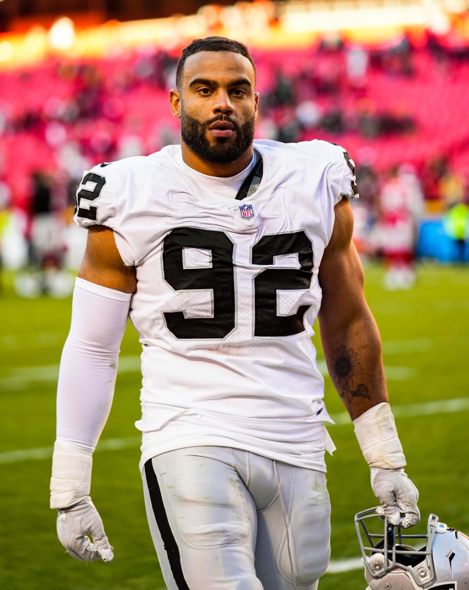 Las Vegas Raiders defensive end Solomon Thomas (92) leaves the field after the game against the Kansas City Chiefs at GEHA Field at Arrowhead Stadium.