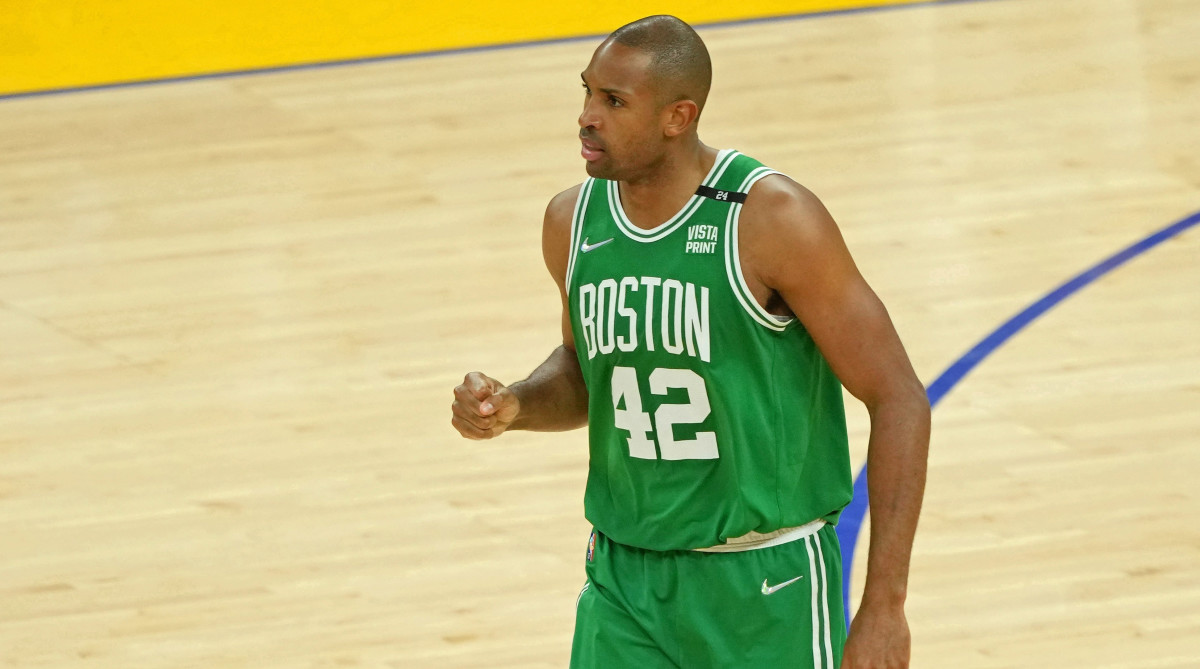 Celtics forward Al Horford pumps his fist during Game 1 of the NBA Finals vs. the Warriors.