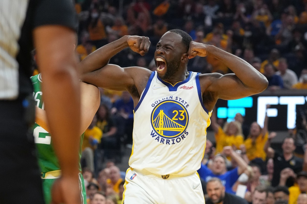 Jun 2, 2022; San Francisco, California, USA; Golden State Warriors forward Draymond Green (23) reacts after a basket against the Boston Celtics during the first half in game one of the 2022 NBA Finals at Chase Center. Mandatory Credit: Kyle Terada-USA TODAY Sports