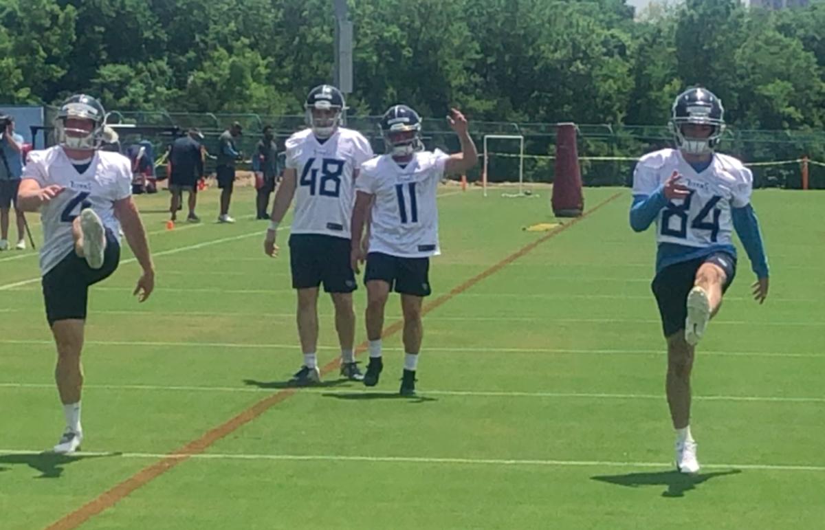 Rookie kicker Caleb Shudak (11) and punter Ryan Stonehouse (11) warm up before a Tennessee Titans OTA workout on June 2, 2022.