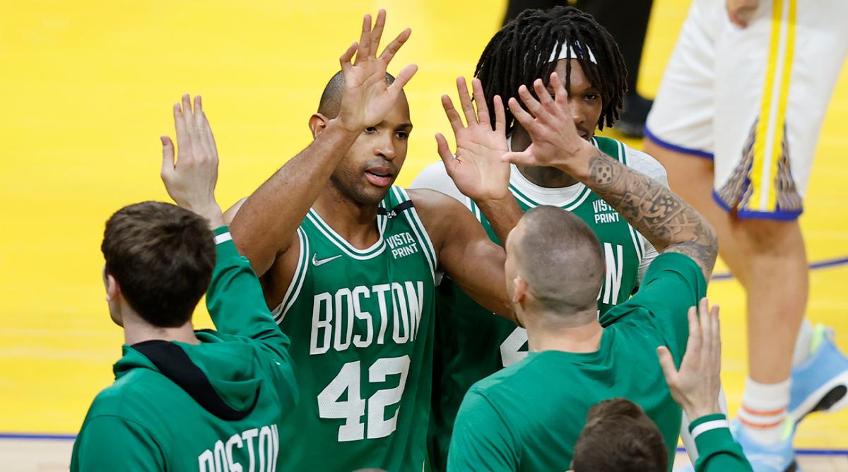 Boston Celtics center Al Horford (42) celebrates with teammates during the second half of Game 1 of basketball’s NBA Finals against the Golden State Warriors in San Francisco, Thursday, June 2, 2022.