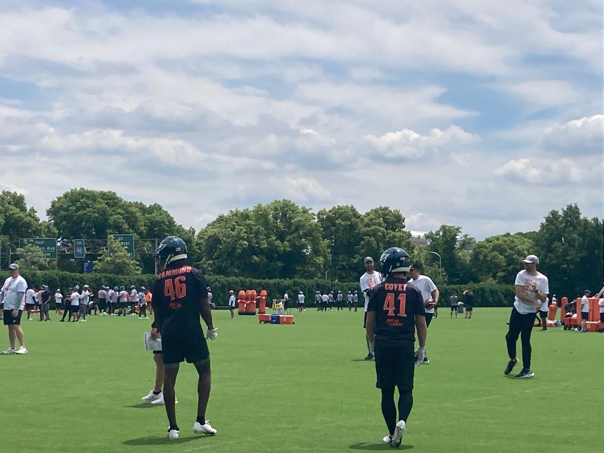 Josh Hammond (left) and Britain Covey during Eagles OTA on June 3, 2022