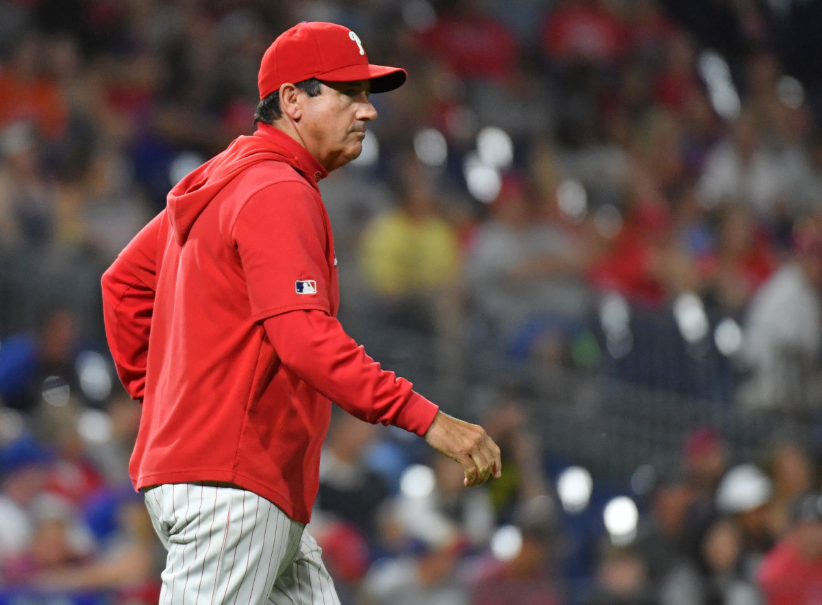 Phillies bench coach Rob Thomson filling in for Gabe Kapler against the New York Mets in 2019.