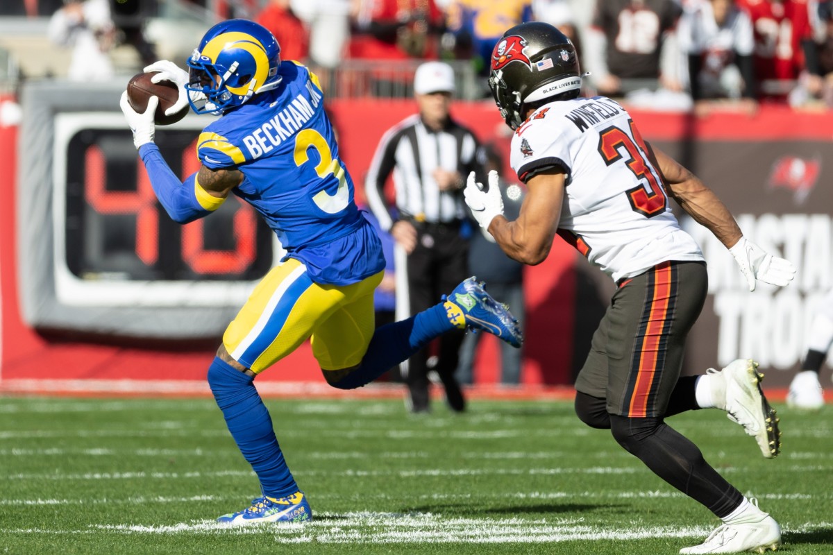 Los Angeles Rams receiver Odell Beckham Jr. (3) catches a pass against the Tampa Bay Buccaneers during a NFC Divisional playoff game. Mandatory Credit: Matt Pendleton-USA TODAY