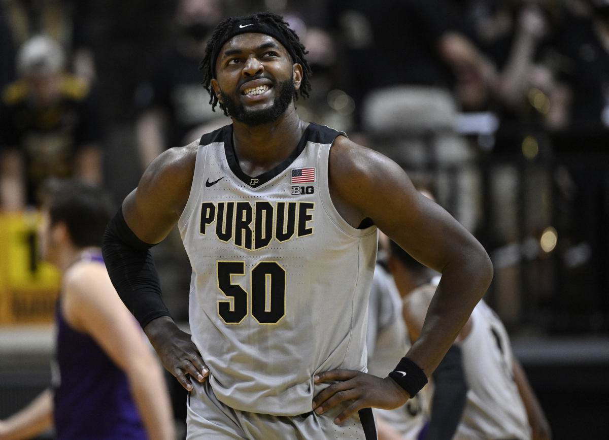 Jan 23, 2022; West Lafayette, Indiana, USA; Purdue Boilermakers forward Trevion Williams (50) reacts to a foul being called on him during the first half against the Northwestern Wildcats at Mackey Arena.