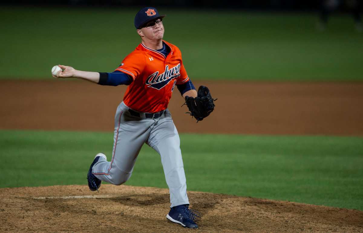 Auburn Tigers pitcher John Armstrong (41) pitches during the NCAA regional baseball tournament at Plainsman Park in Auburn, Ala., on Saturday, June 4, 2022. Auburn Tigers defeated Florida State Seminoles 21-7.