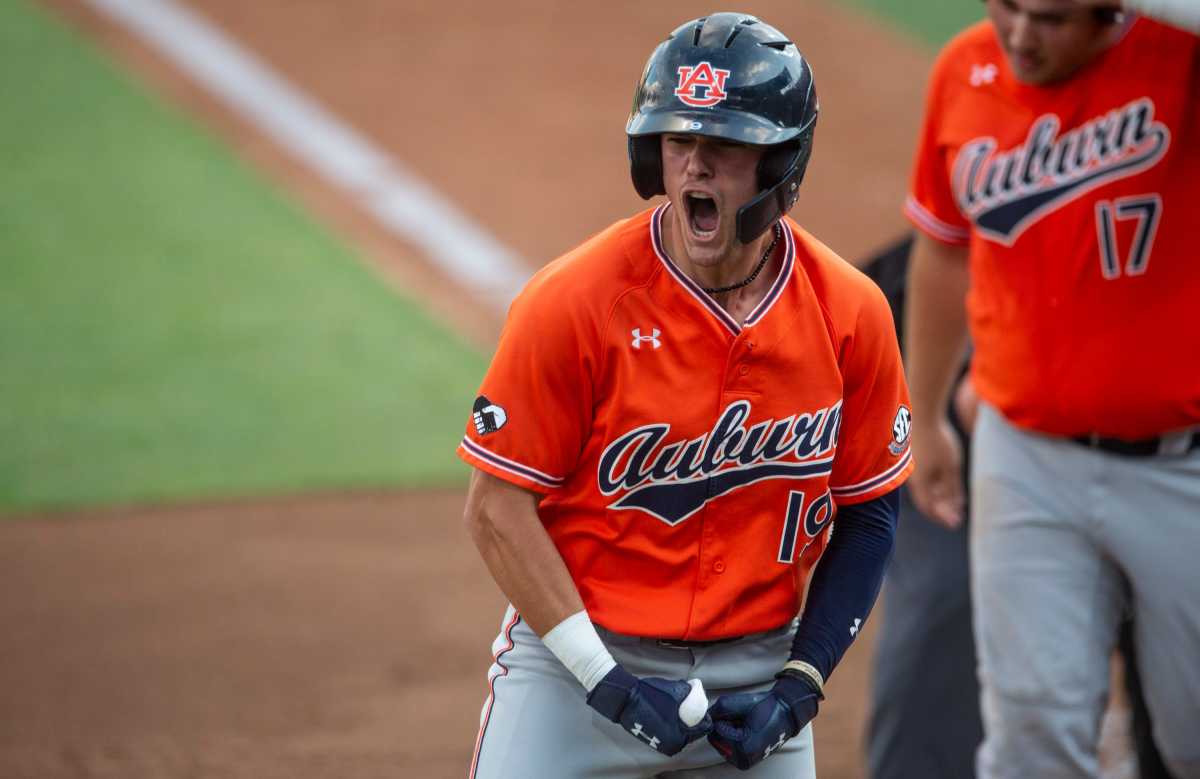 Auburn Tigers infielder Brooks Carlson (19) celebrates after hitting a home run as Auburn Tigers take on Florida State Seminoles during the NCAA regional baseball tournament at Plainsman Park in Auburn, Ala., on Saturday, June 4, 2022.