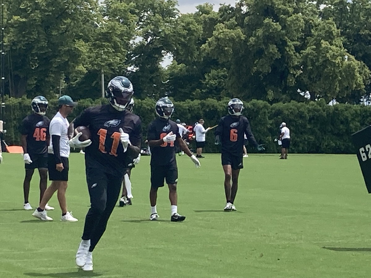 A.J. Brown (11) and DeVonta Smith (6) run through drills during an Eagles OTA on June 3, 2022