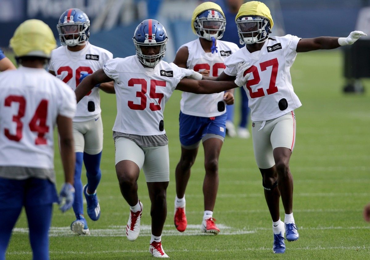 Linebacker, TJ Brunson (35) and cornerback, Isaac Yiadom, are shown at the Giants practice facility, in East Rutherford. Wednesday, July 28, 2021 Giants