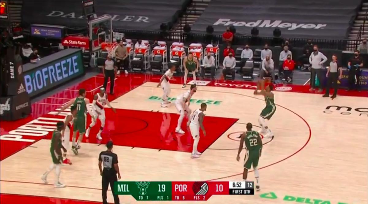 Jusuf Nurkic resorted to defending Giannis Antetokounmpo like this in the halfcourt. It didn't work.
