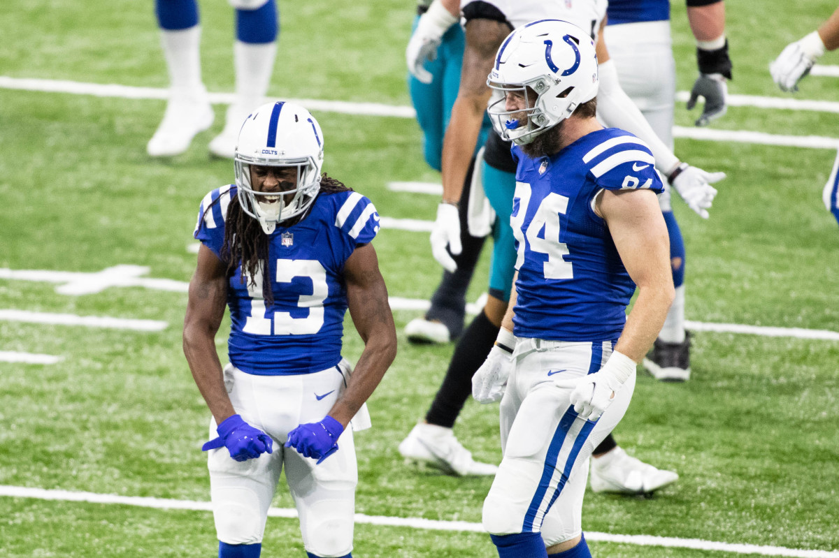 Jan 3, 2021; Indianapolis, Indiana, USA; Indianapolis Colts wide receiver T.Y. Hilton (13) celebrates a first down catch in the first half against the Jacksonville Jaguars at Lucas Oil Stadium. Mandatory Credit: Trevor Ruszkowski-USA TODAY Sports