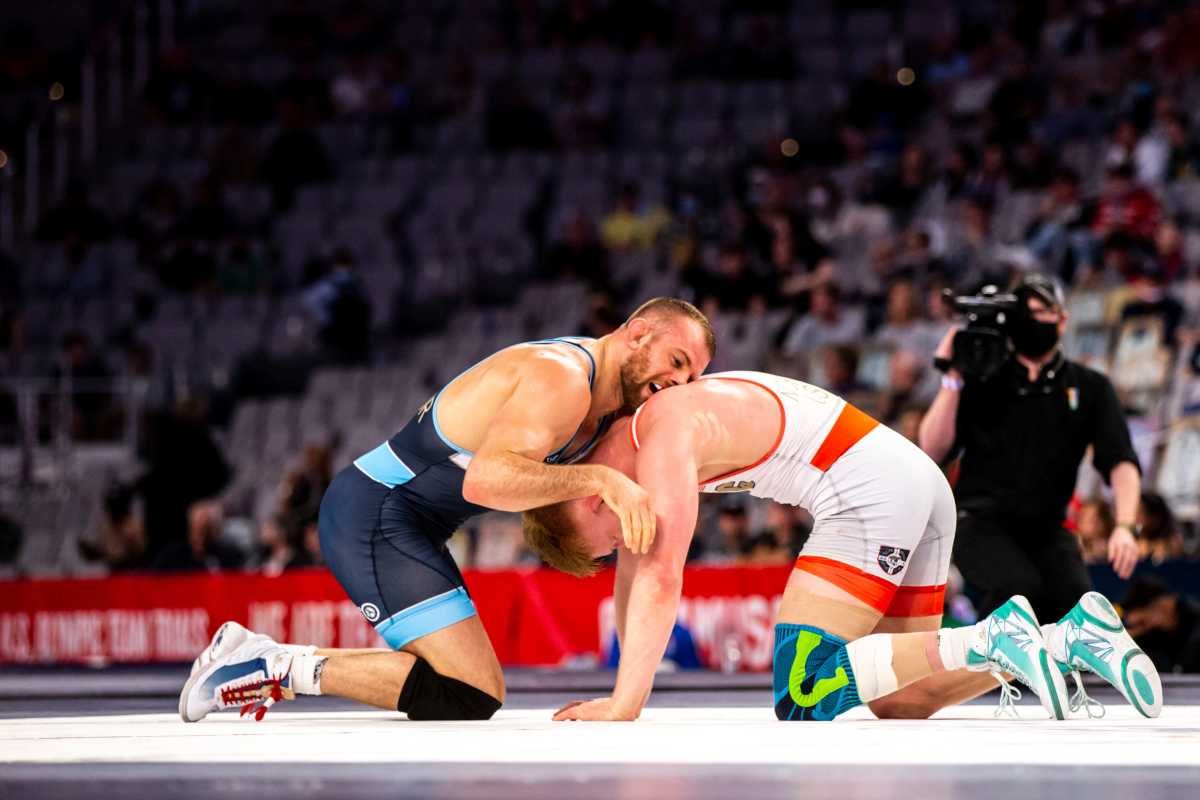 David Taylor wrestles Bo Nickal at the U.S. Olympic Trials (Joseph Cress/Iowa City Press-Citizen).