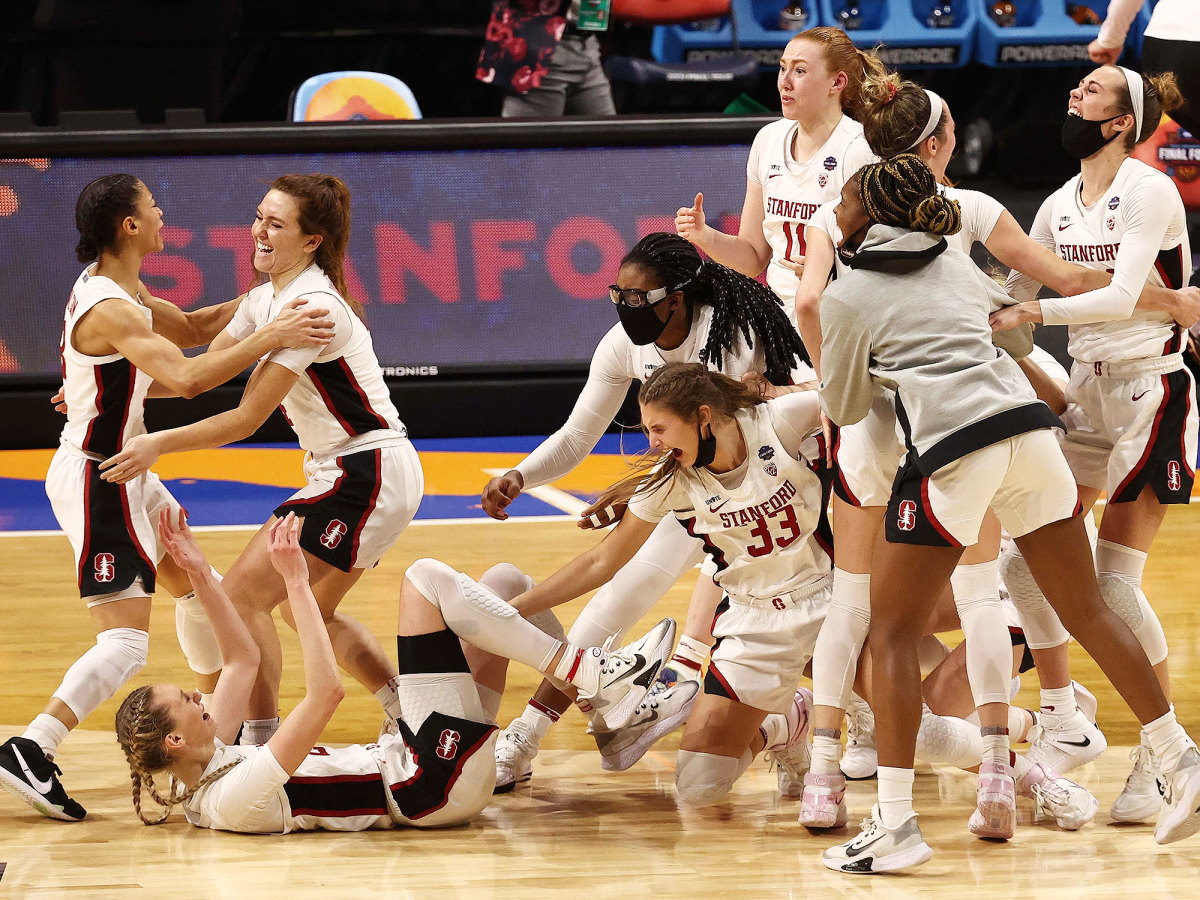 Stanford players celebrate after the final buzzer
