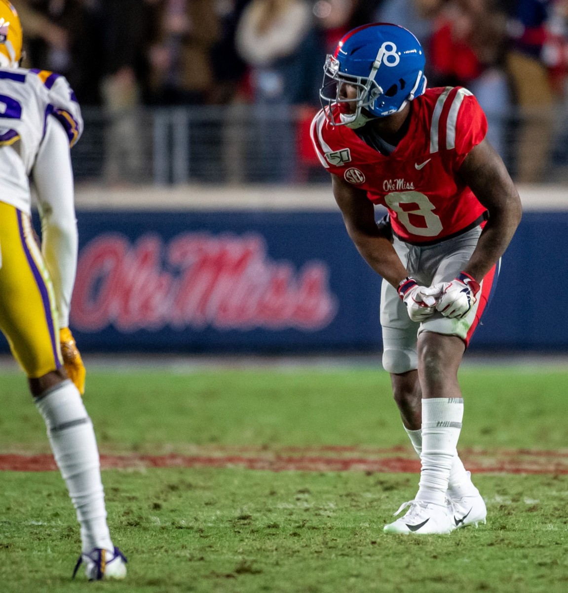 Mississippi wide receiver Elijah Moore (8) lines up against the Louisiana State Tigers. Mandatory Credit: Vasha Hunt-USA TODAY