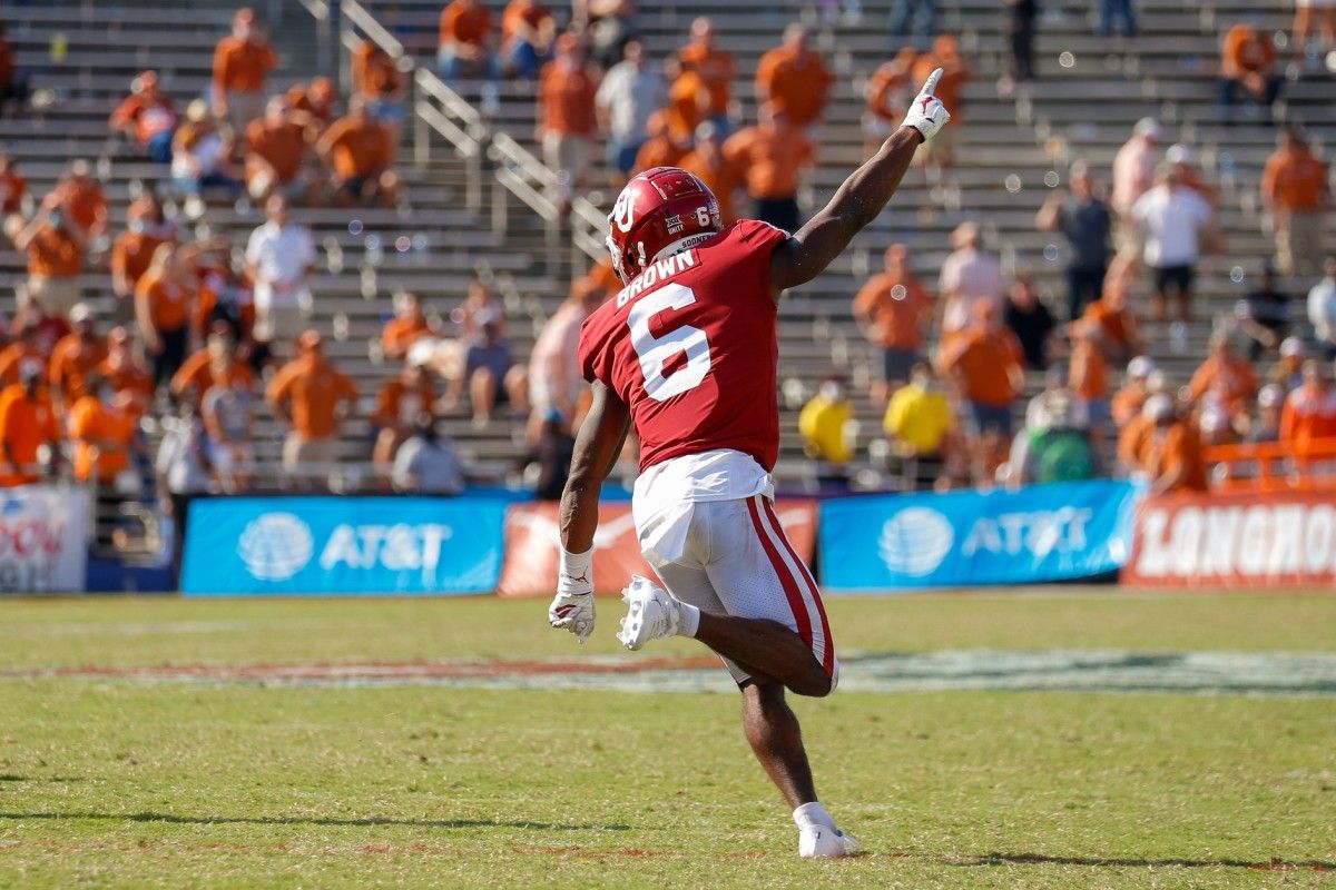 Oklahoma Sooners defensive back Tre Brown (6) celebrates after making the game winning interception against the Texas Longhorns in overtime of the Red River Showdown at Cotton Bowl.
