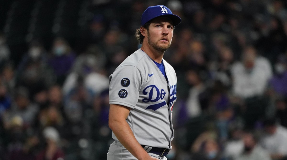 Dodgers righthander Trevor Bauer looks on during a game.