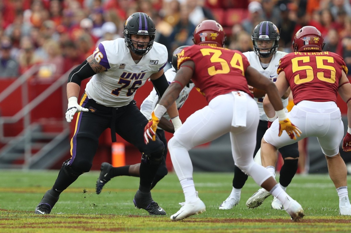 Northern Iowa Panthers offensive lineman Spencer Brown (76) blocks against the Iowa State Cyclones at Jack Trice Stadium.