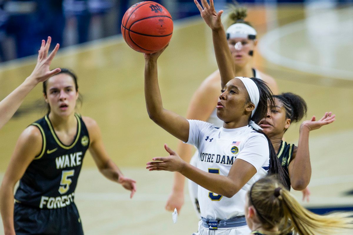 Notre Dame s Alasia Hayes (5) drives to the basket during the Wake Forest at Notre Dame game this past January. (Photo by Michael Caterina-USA TODAY NETWORK)