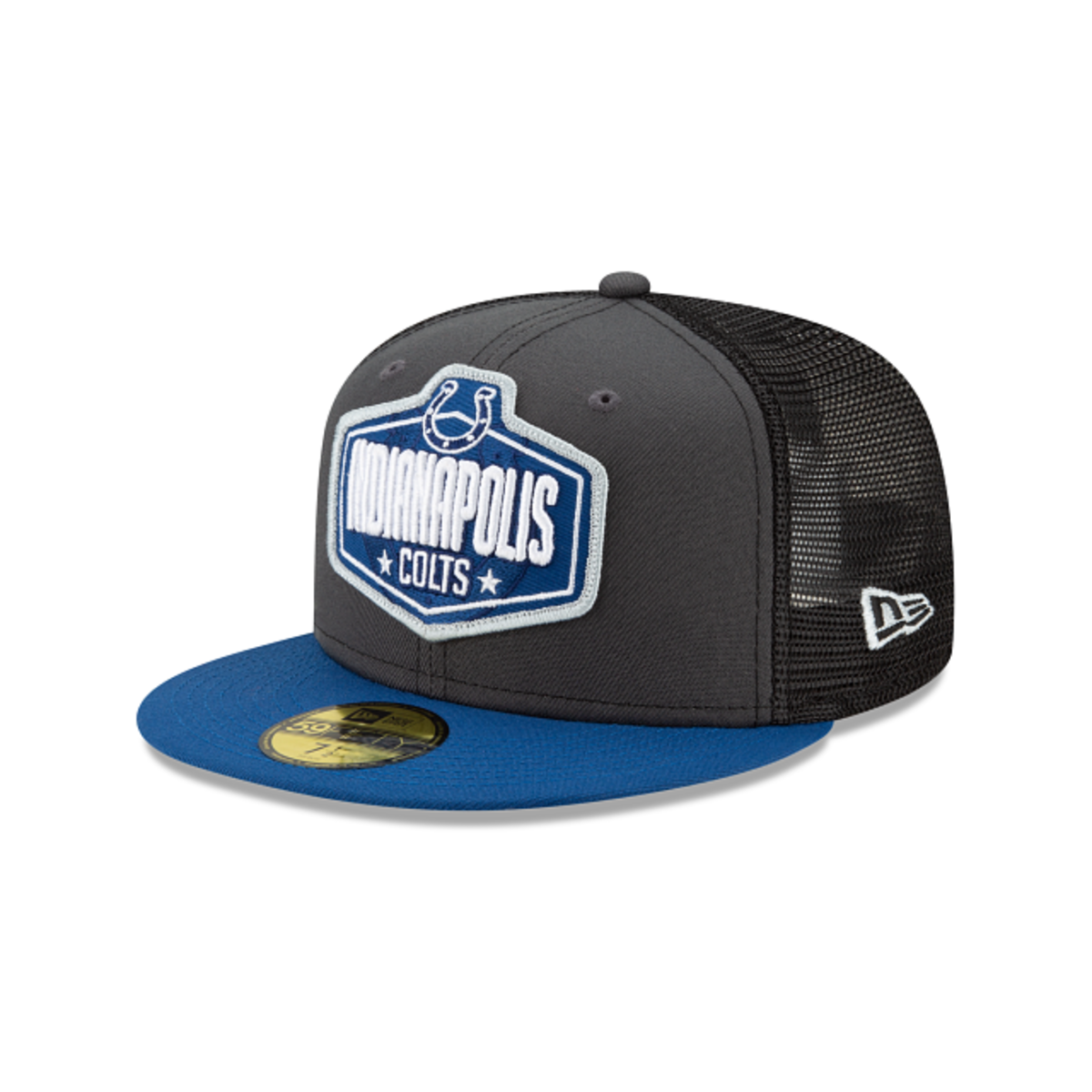 Take the stage with the Official Indianapolis Colts NFL Draft 59FIFTY Fitted Cap featuring an embroidered Colts patch at the front panels, contrasting visor, mesh mid and rear panels and a team color NFL Shield at the rear. (NewEraCap.com)