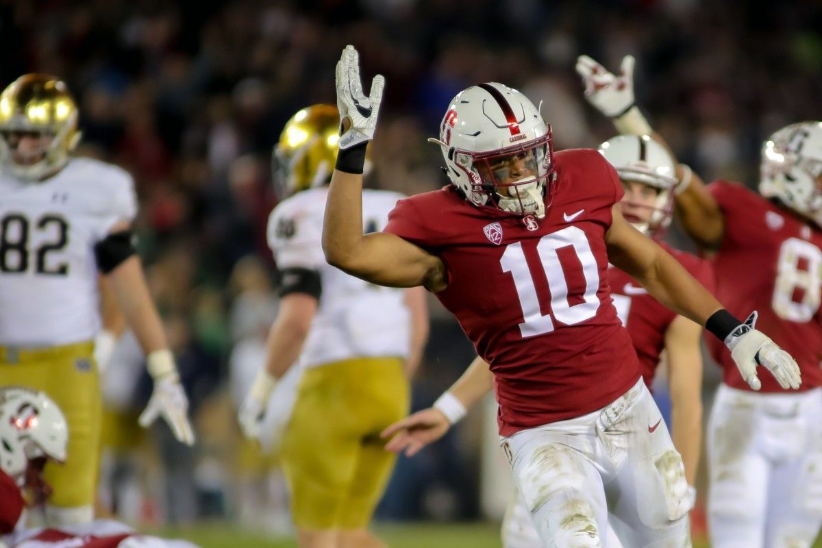 Stanford Cardinal linebacker Jordan Fox (10) celebrates after a fumble recovery against the Notre Dame Fighting Irish during the fourth quarter at Stanford Stadium.