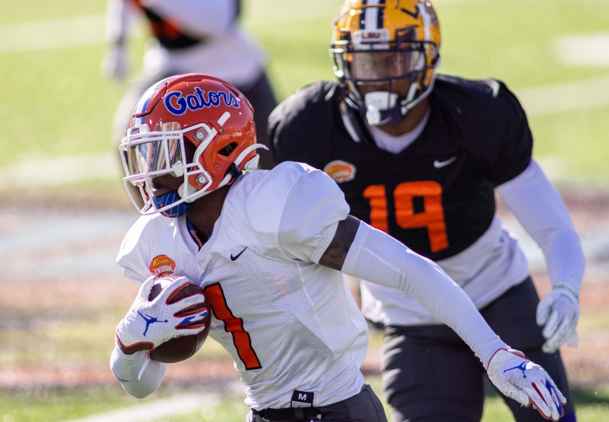 Wide receiver Kadarius Toney of Florida (1) runs after a catch during practice at in Mobile, Alabama Mandatory Credit: Vasha Hunt-USA TODAY 