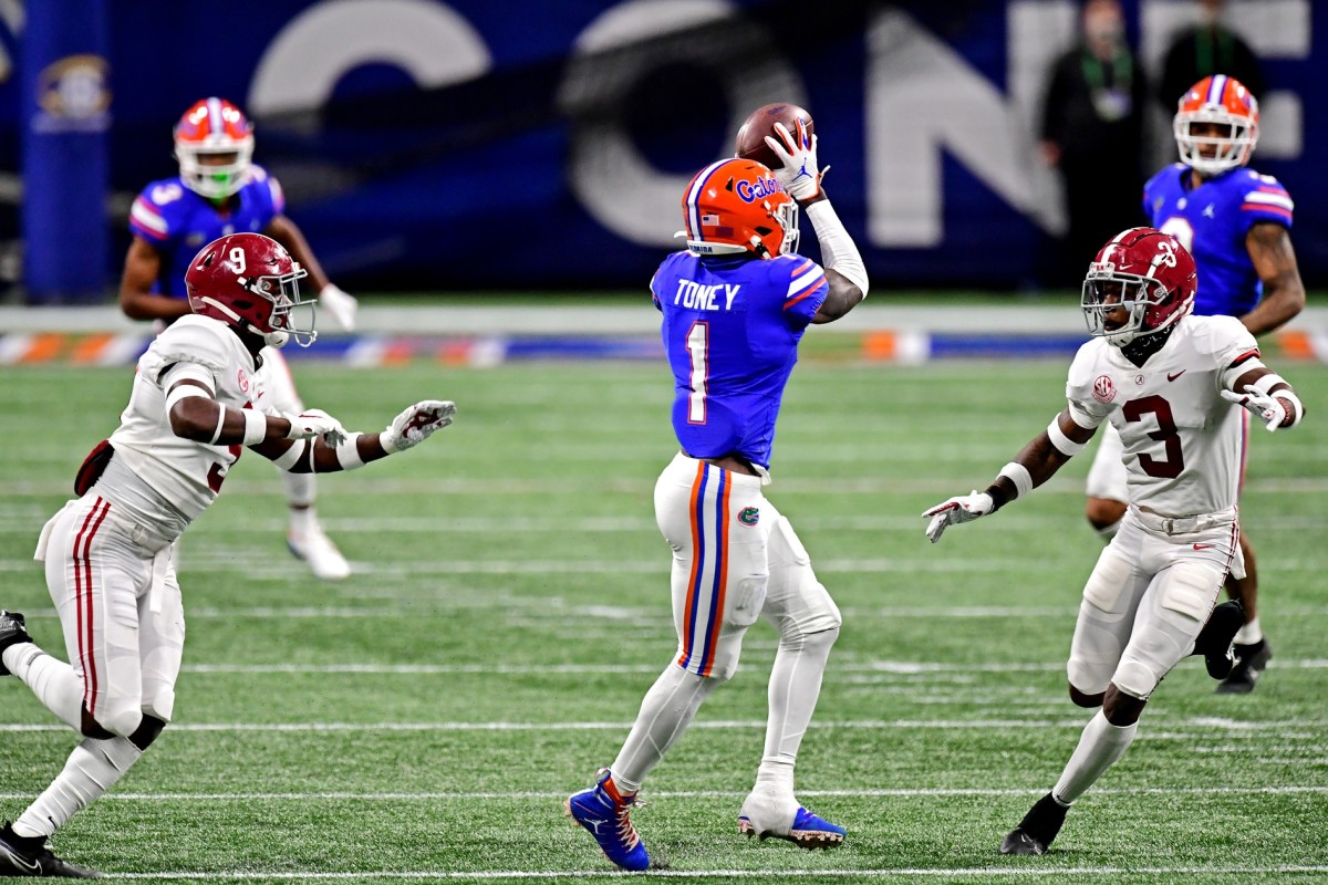 Florida Gators wide receiver Kadarius Toney (1) makes a catch against Alabama in the SEC Championship. Mandatory Credit: Adam Hagy-USA TODAY Sports