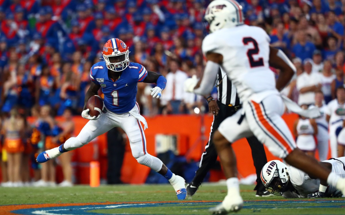 Florida Gators receiver Kadarius Toney (1) runs with the ball as Tennessee Martin Skyhawks defensive back DaVonte Maura (2) defends. Mandatory Credit: Kim Klement-USA TODAY 