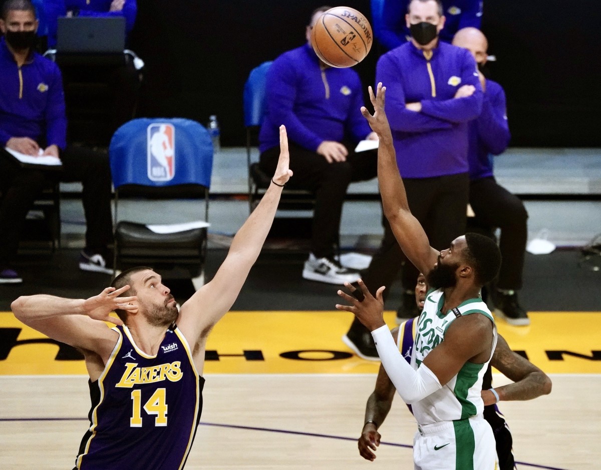Jaylen Brown floats in two of his 40 points against the Lakers