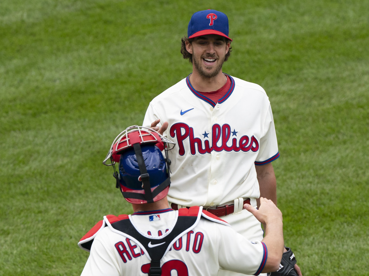 Philadelphia Phillies pitcher Aaron Nola (27) celebrates with catcher J.T. Realmuto (10) after throwing a complete game shutout against the St. Louis Cardinals at Citizens Bank Park.