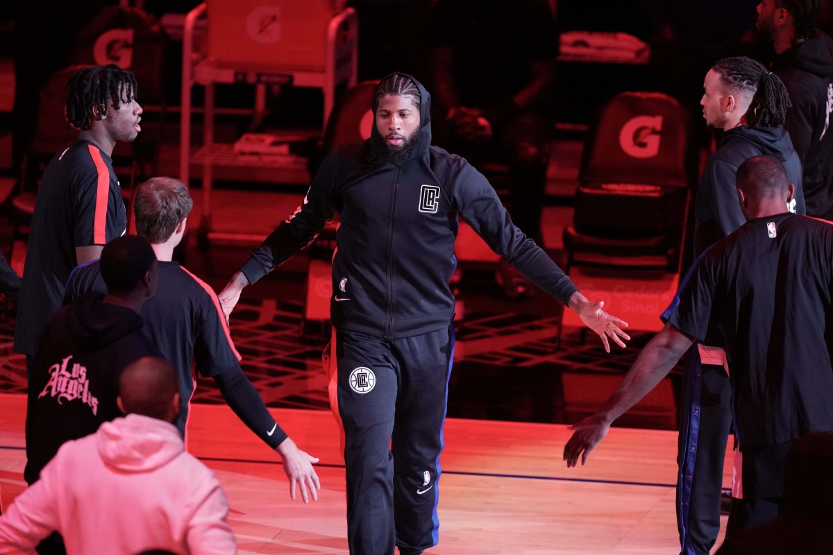 Apr 18, 2021; Los Angeles, California, USA; LA Clippers guard Paul George (13) is introduced before the game against the Minnesota Timberwolves at Staples Center. Mandatory Credit: Kirby Lee-USA TODAY Sports