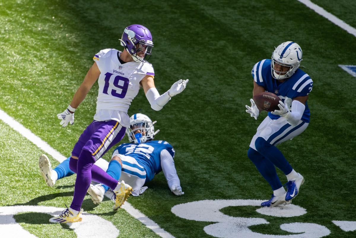 Sep 20, 2020; Indianapolis, Indiana, USA; Indianapolis Colts safety Khari Willis (37) intercepts the ball in the first half against the Minnesota Vikings at Lucas Oil Stadium. Mandatory Credit: Trevor Ruszkowski-USA TODAY Sports