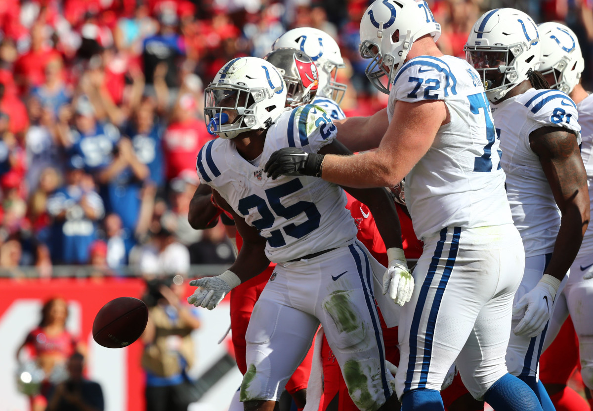 Dec 8, 2019; Tampa, FL, USA; Indianapolis Colts running back Marlon Mack (25) celebrates after scoring a touchdown against the Tampa Bay Buccaneers during the first half at Raymond James Stadium. Mandatory Credit: Kim Klement-USA TODAY Sports