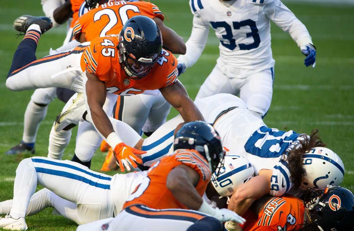 Chicago Bears wide receiver Cordarrelle Patterson (84) is tackled by Indianapolis Colts linebacker Jordan Glasgow (59) during the second half as the Chicago Bears host the Indianapolis Colts at Soldier Field in Chicago on Sunday, Oct. 4, 2020. Indianapolis Colts Face The Chicago Bears In Chicago On Sunday Oct 4 2020