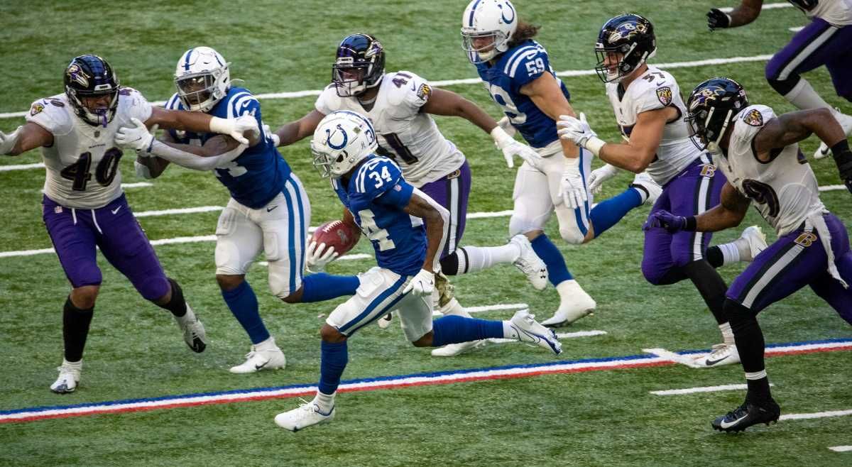 Isaiah Rodgers (34) of the Indianapolis Colts rushes as Baltimore Ravens take on Indianapolis Colts, at Lucas Oil Stadium, Indianapolis, Sunday, Nov. 8, 2020. Colts lost the contest 10-24. 36