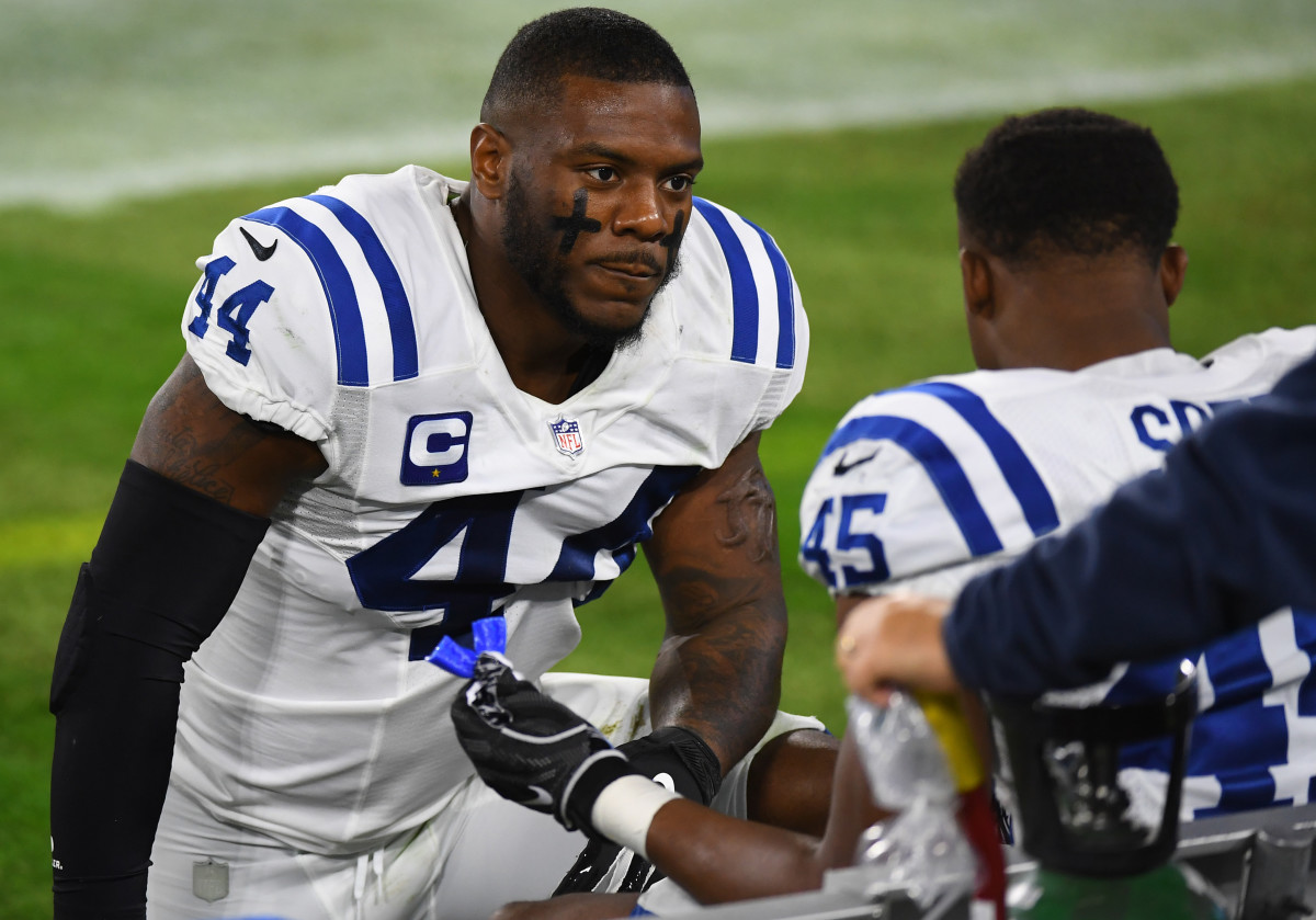 Nov 12, 2020; Nashville, Tennessee, USA; Indianapolis Colts outside linebacker Zaire Franklin (44) talks with Indianapolis Colts linebacker E.J. Speed (45) talk on the sideline during the first half against the Tennessee Titans at Nissan Stadium. Mandatory Credit: Christopher Hanewinckel-USA TODAY Sports