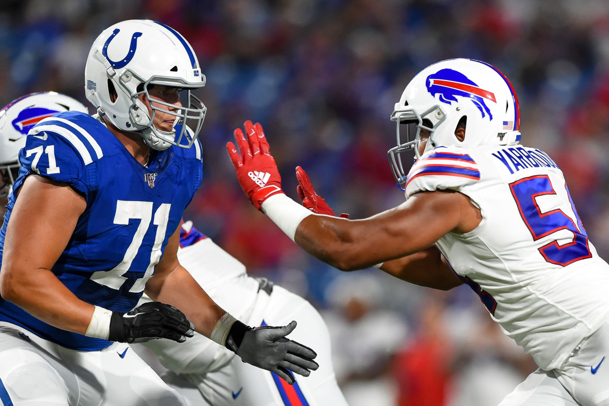 Aug 8, 2019; Orchard Park, NY, USA; Indianapolis Colts offensive tackle Jackson Barton (71) prepares to block Buffalo Bills defensive end Eddie Yarbrough (54) during the third quarter at New Era Field. Mandatory Credit: Rich Barnes-USA TODAY Sports