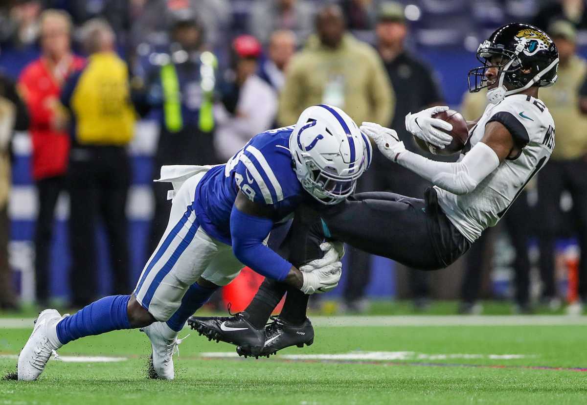 Indianapolis Colts linebacker Matthew Adams (49) tackles Jacksonville Jaguars wide receiver Dede Westbrook (12) during the fourth quarter of the game against the Jacksonville Jaguars at Lucas Oil Stadium in Indianapolis, Sunday, Nov. 17, 2019. The Colts won, 33-13. The Jacksonville Jaguars At Indianapolis Colts At Lucas Oil Stadium In Indianapolis In Nfl Week 11 Sunday Nov 17 2019