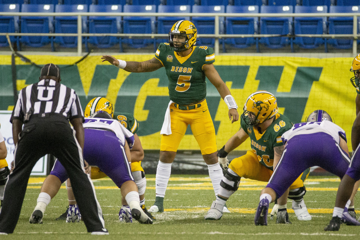 Trey Lance sets up the offense at the line of scrimmage in a 2020 game against Central Arkansas