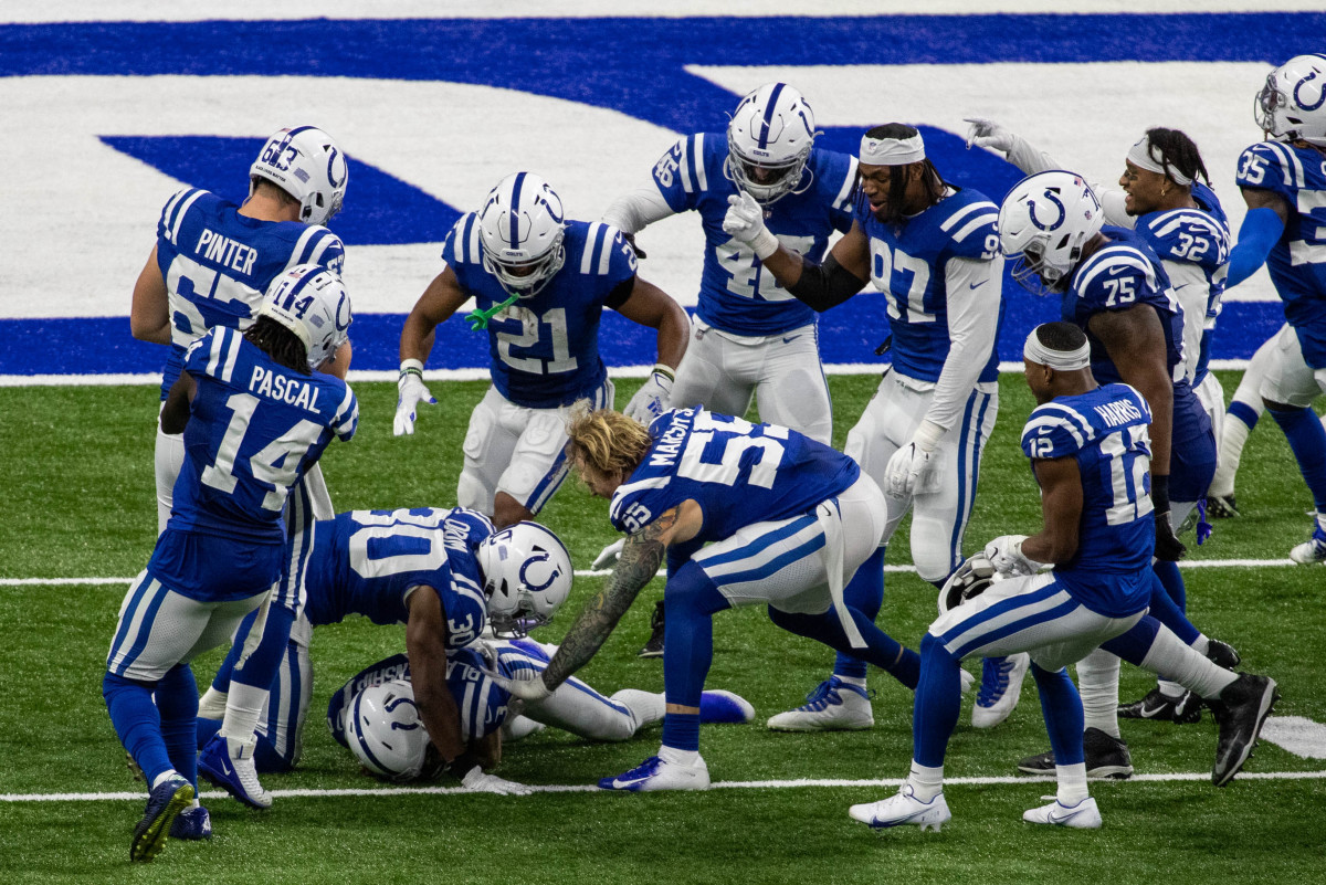 Nov 22, 2020; Indianapolis, Indiana, USA; Indianapolis Colts kicker Rodrigo Blankenship (3) celebrates the game winning field goal with teammates in the overtime against the Green Bay Packers at Lucas Oil Stadium. Mandatory Credit: Trevor Ruszkowski-USA TODAY Sports
