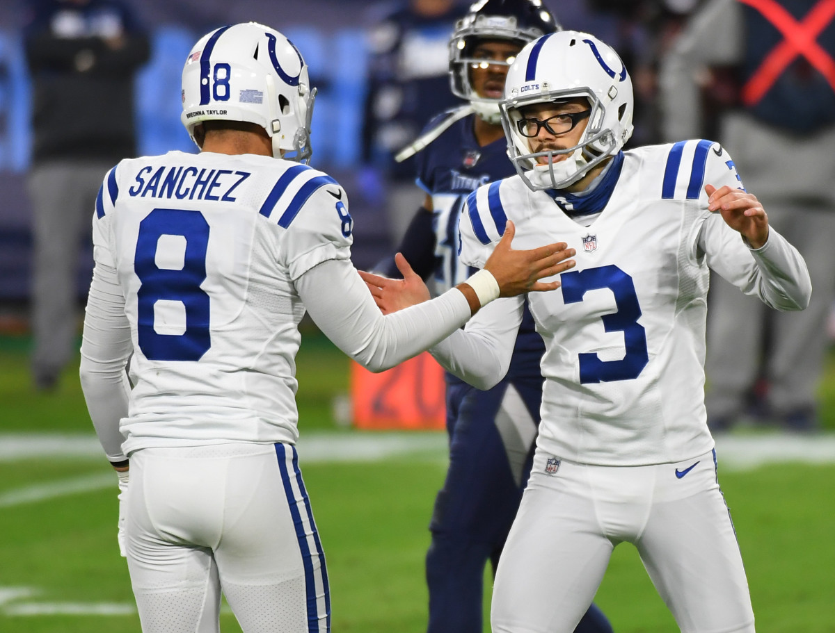 Nov 12, 2020; Nashville, Tennessee, USA; Indianapolis Colts kicker Rodrigo Blankenship (3) and Indianapolis Colts punter Rigoberto Sanchez (8) after kicking a field goal during the first half against the Tennessee Titans at Nissan Stadium.