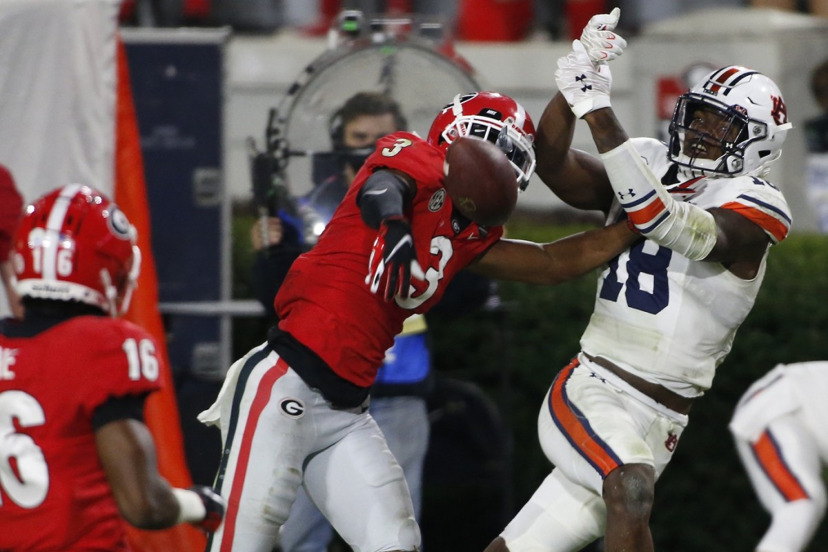 Georgia defensive back Tyson Campbell (3) breaks up a pass to Auburn wide receiver Seth Williams (18). Mandatory Credit: Joshua L. Jones-USA TODAY NETWORK
