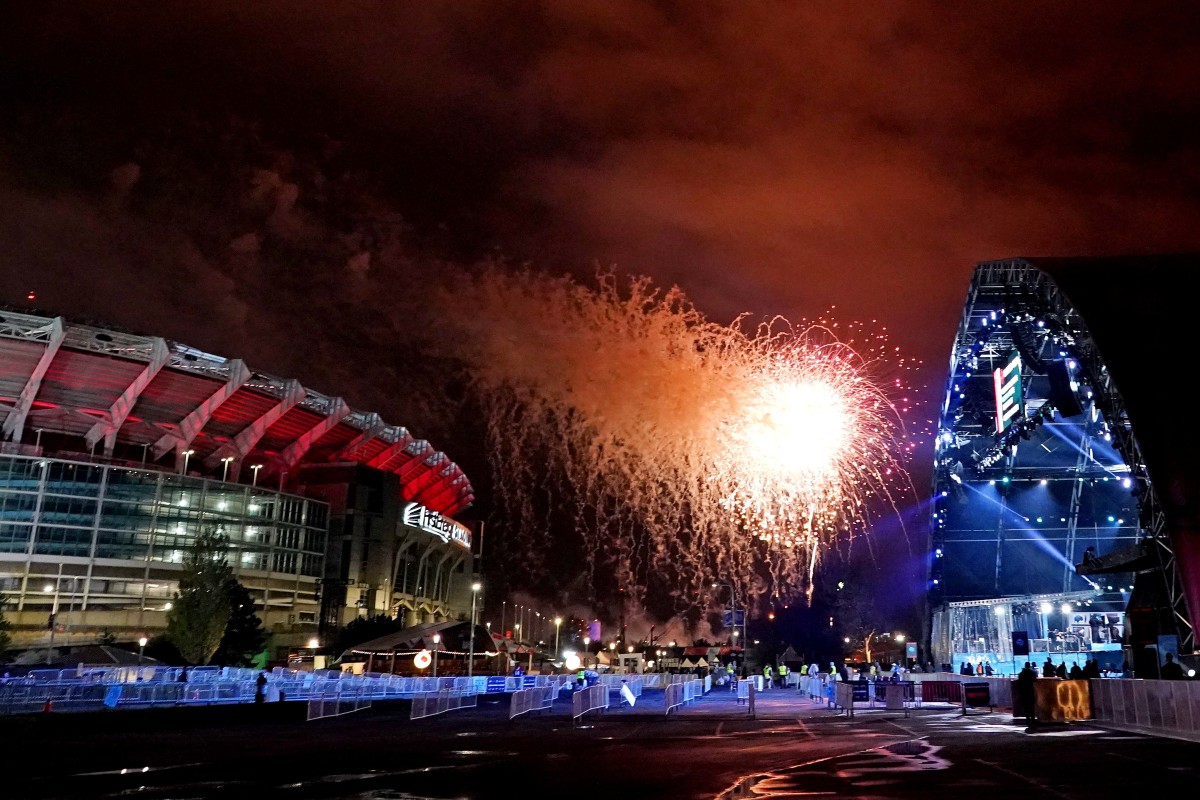 Apr 29, 2021; Cleveland, Ohio, USA; Fireworks go off near the stage after the first round of the 2021 NFL Draft at First Energy Stadium. Mandatory Credit: Kirby Lee-USA TODAY Sports