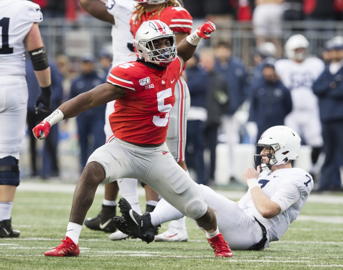 Ohio State Buckeyes linebacker Baron Browning (5) celebrates after pressuring Penn State Nittany Lions quarterback Will Levis (7) into an incomplete pass in the second half at Ohio Stadium.