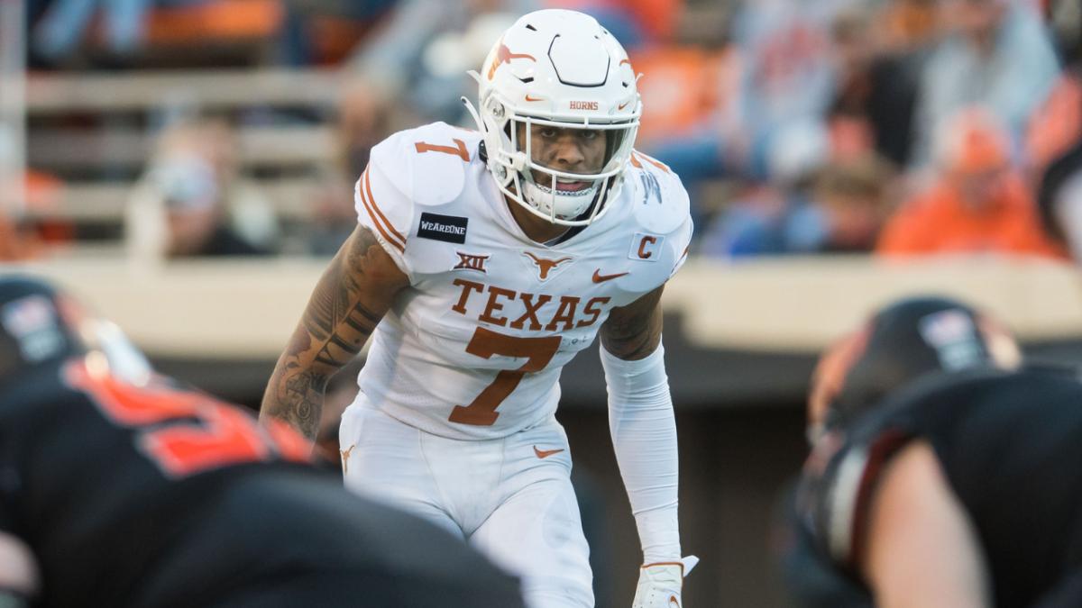 Texas Longhorns defensive back Caden Sterns (7) looks over the Oklahoma State Cowboys offense during the third quarter at Boone Pickens Stadium.
