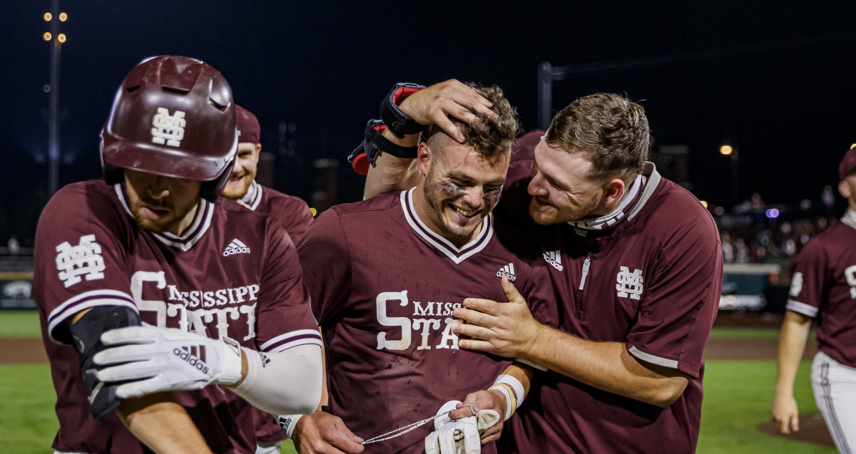 Mississippi State's Tanner Allen, center, celebrates with teammates after hitting a walk-off home run this past Friday against Texas A&M. (Photo courtesy of Mississippi State athletics)